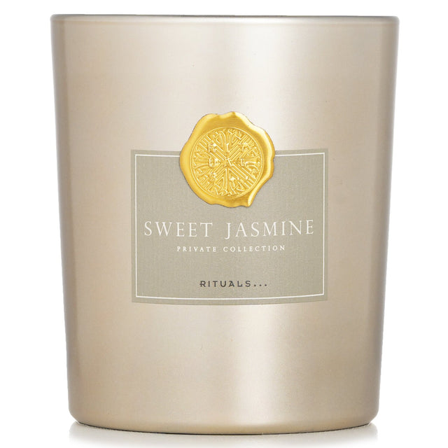 Luxurious Sweet Jasmine scented candle in a champagne jar, made with 70% natural wax, burns for 60 hours, enhances relaxation.