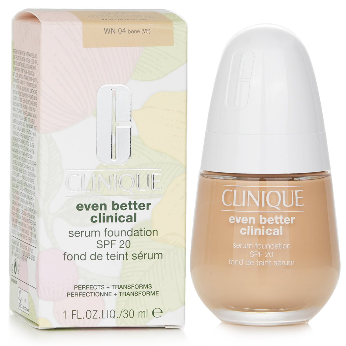 Clinique Even Better Clinical Serum Foundation SPF 20 in WN 04 Bone, a weightless liquid for a flawless, hydrated complexion.