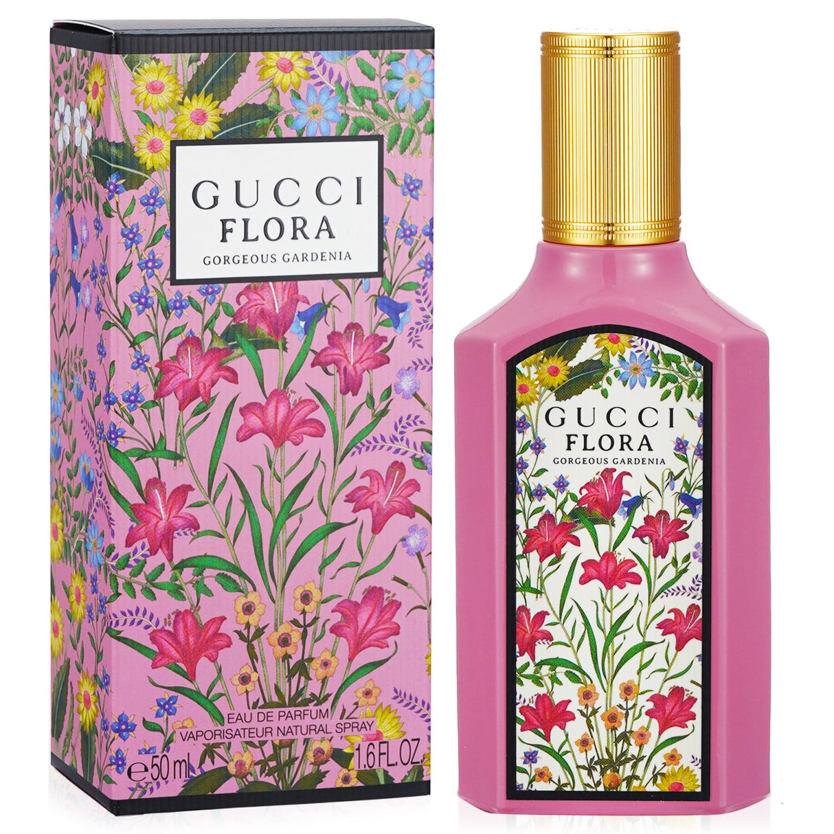 Luxurious 50ml Gucci Flora Gorgeous Gardenia Eau De Parfum in a pink glass bottle with gold cap, featuring floral and fruity notes.