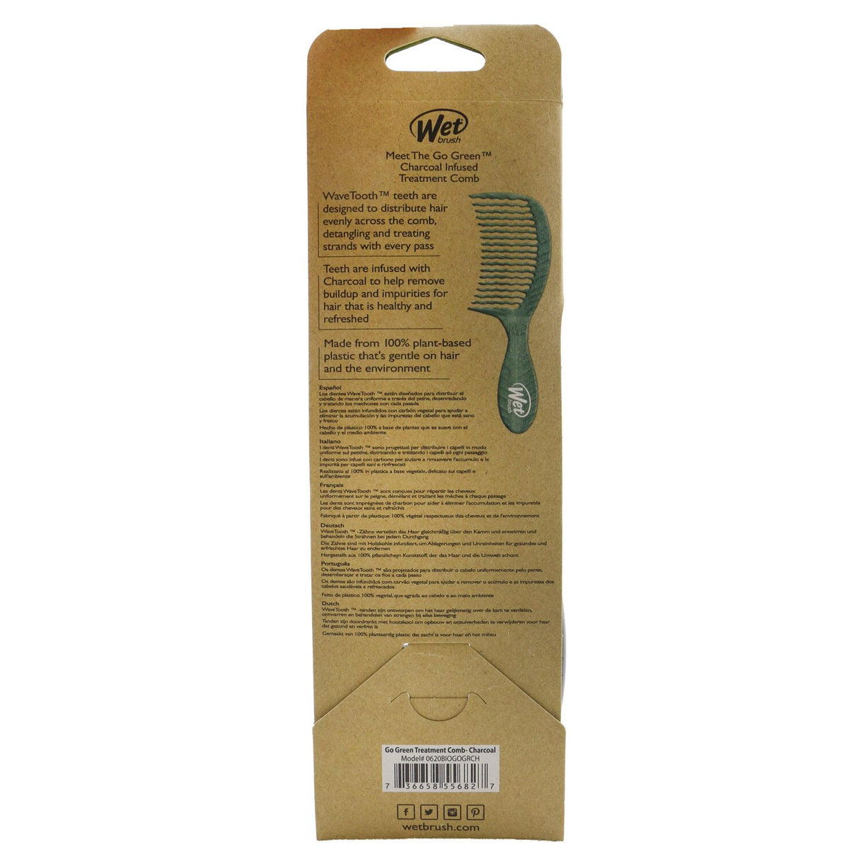 Eco-friendly Wet Brush Go Green Treatment Comb in charcoal, designed with WaveToothTM for effortless detangling and hair purification.