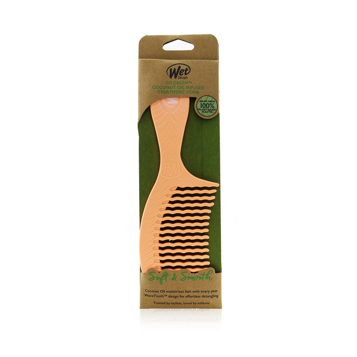 Eco-friendly Wet Brush Go Green Treatment Comb with coconut oil for smooth, conditioned hair; gentle detangling for all hair types.