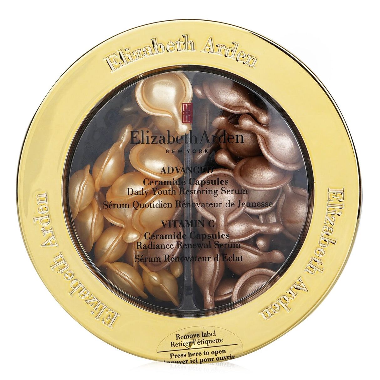 "Limited edition Elizabeth Arden serum capsules for hydration and brightening, featuring Advanced Ceramides and Vitamin C."