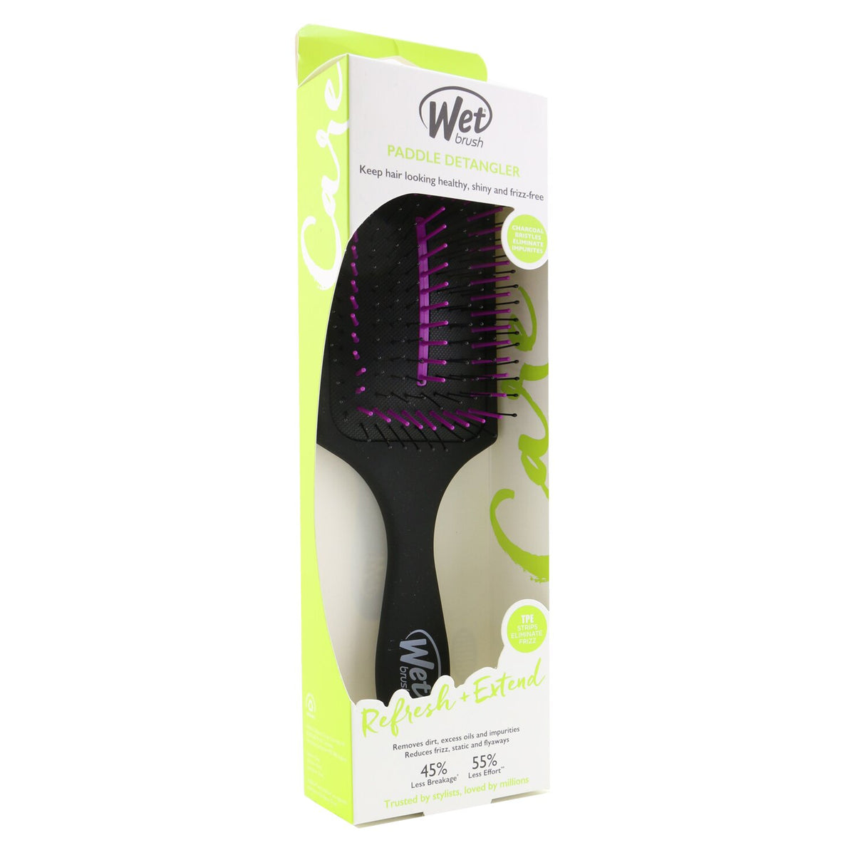 Charcoal-infused paddle brush with IntelliFlex bristles for gentle detangling and frizz reduction, perfect for all hair types.