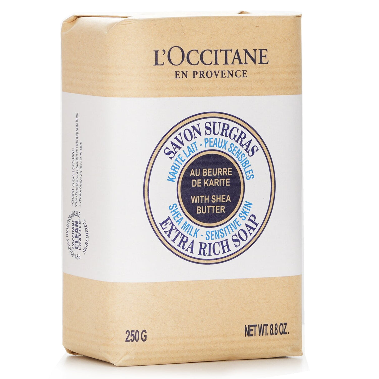 L'Occitane Shea Butter Extra Rich Soap, 250g, nourishes sensitive skin with creamy lather, enriched with shea butter and milk.