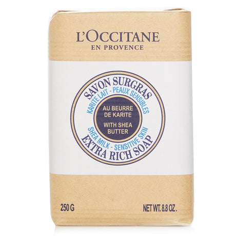 L'Occitane Shea Butter Extra Rich Soap, 250g, gently cleanses and hydrates sensitive skin with creamy lather and organic ingredients.