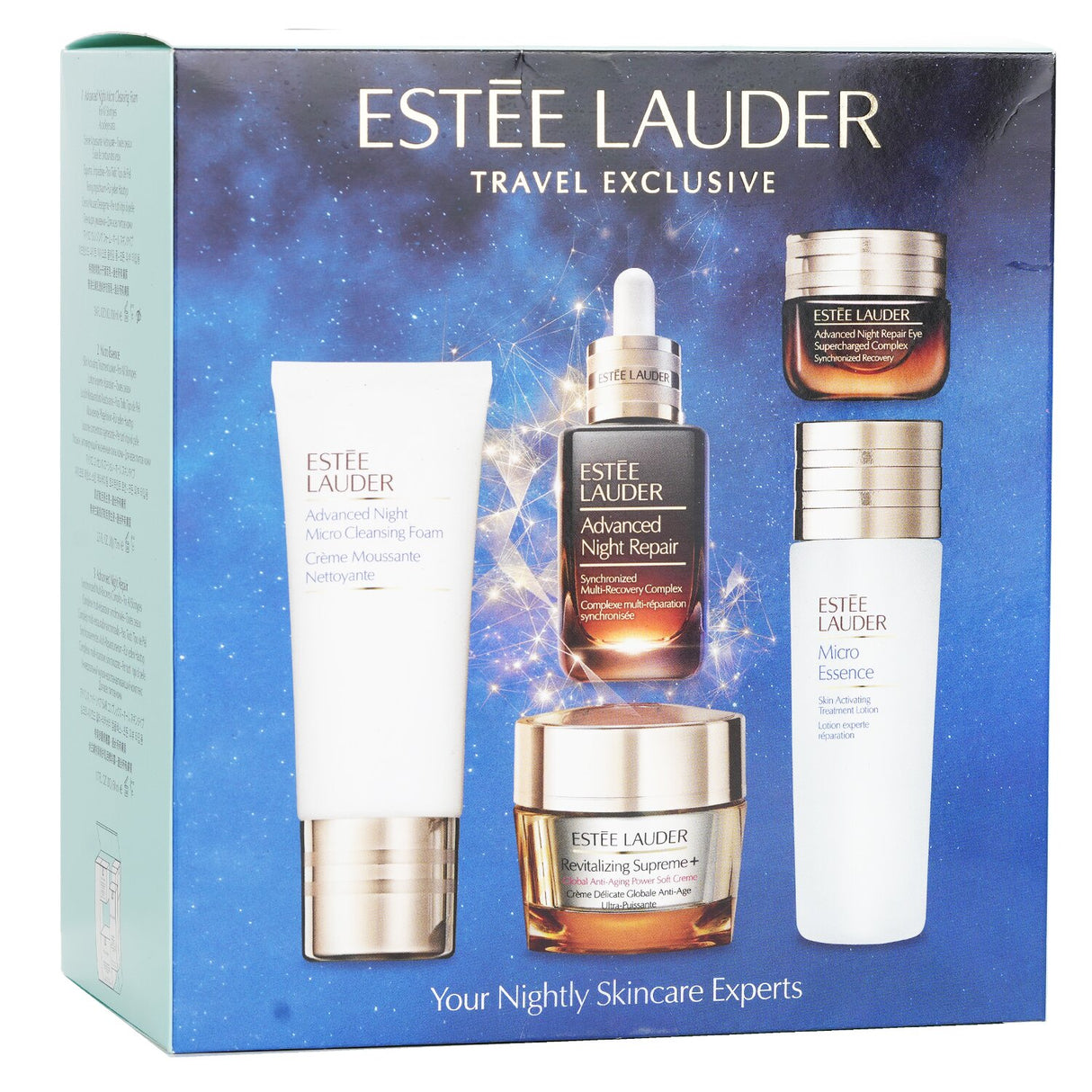 Estee Lauder nightly skincare set featuring ANR, Revitalizing Supreme+, and Eye Complex for rejuvenation and hydration.