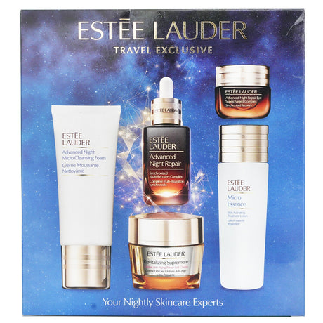 Estee Lauder skincare set featuring ANR serum, Revitalizing Supreme+ cream, and Eye Complex for rejuvenating overnight care.