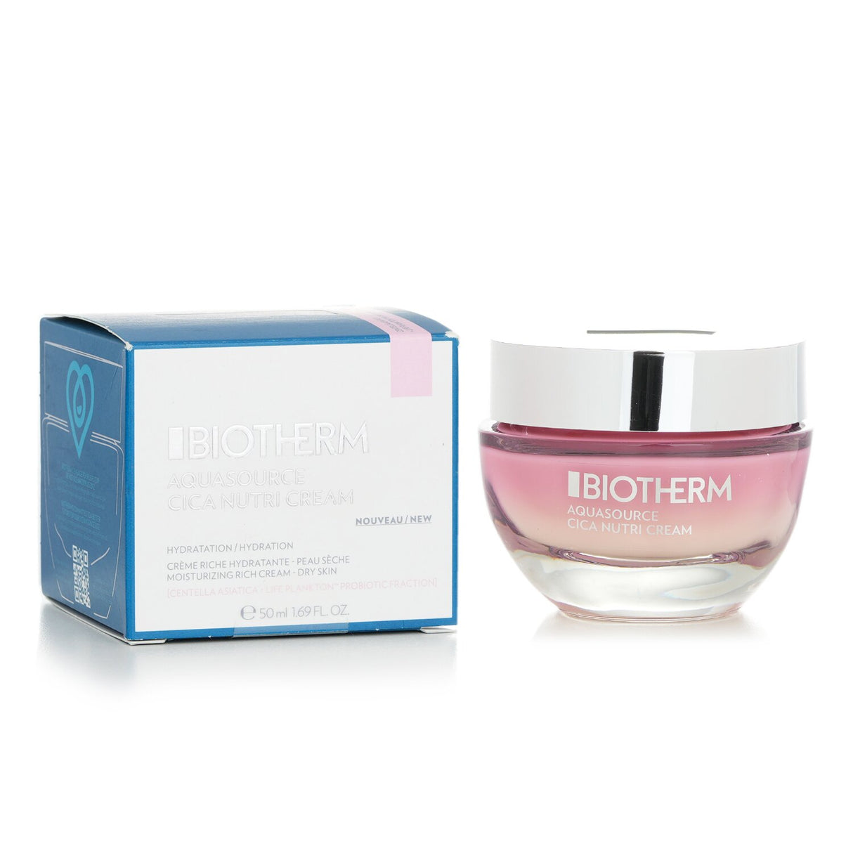 Deeply hydrating Biotherm Aquasource Cica Nutri Cream in a 50ml jar, ideal for dry and sensitive skin revitalization.