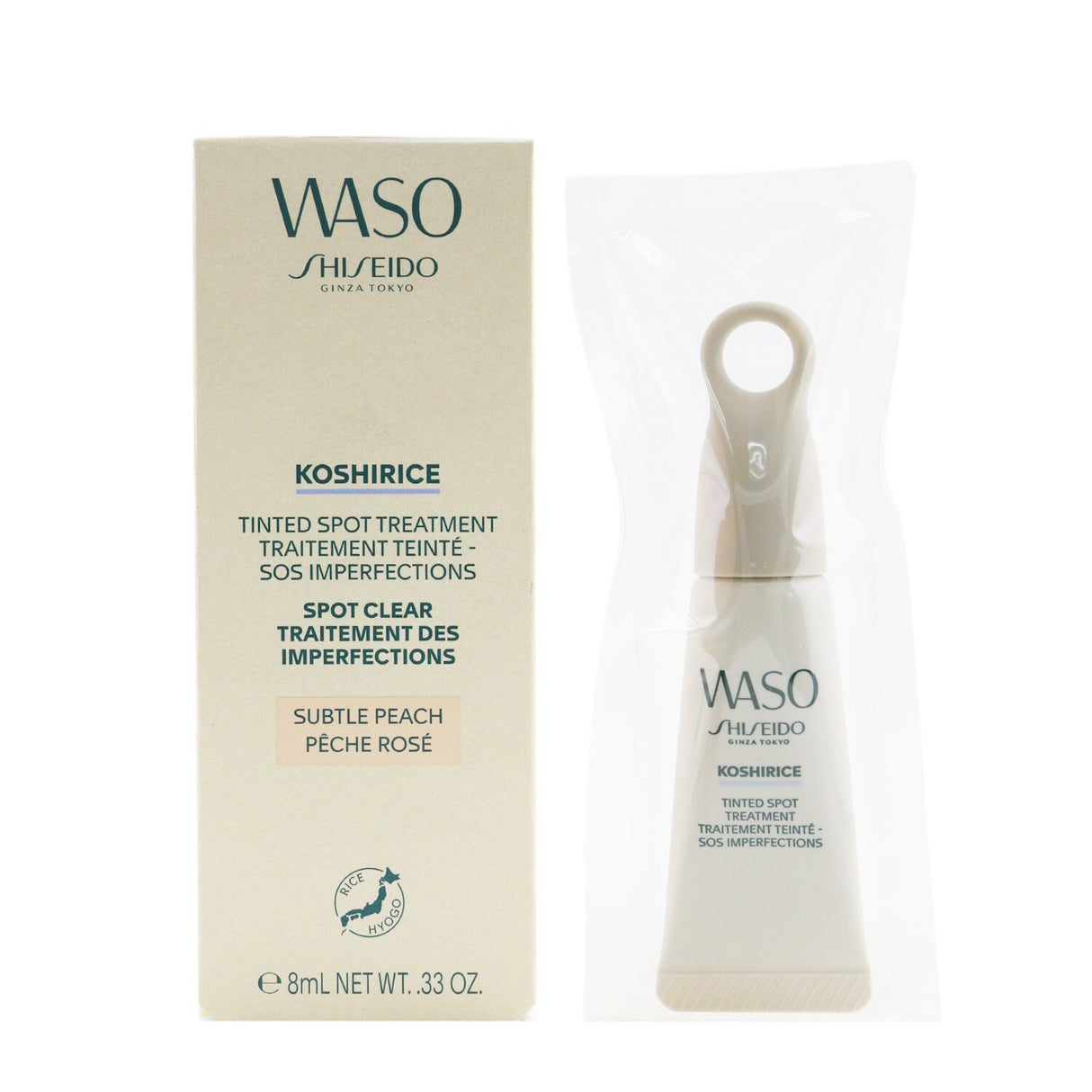 Shiseido Waso Koshirice Tinted Spot Treatment in Subtle Peach, 8ml, a creamy concealer that treats blemishes and promotes skin health.