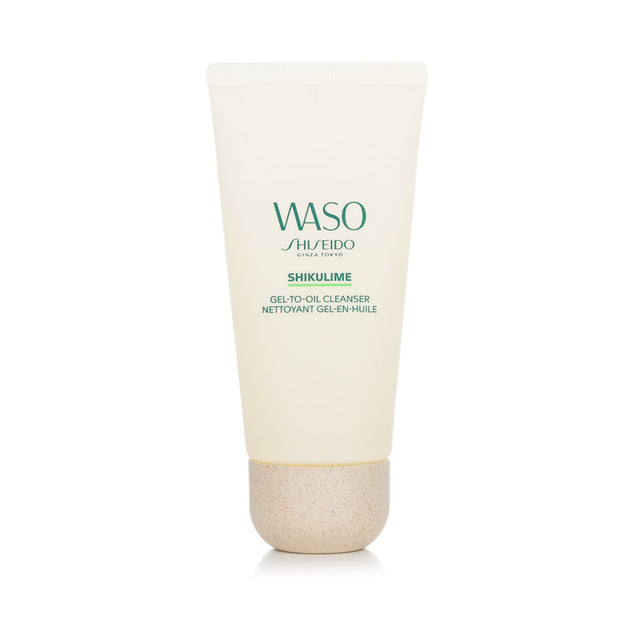 Shiseido Waso Shikulime Gel-To-Oil Cleanser in a 125ml bottle, transforming gel to oil for effective makeup removal and skin nourishment.