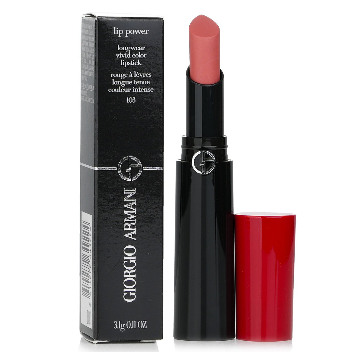 Giorgio Armani Lip Power Lipstick #103 Androgino in a satin finish, vibrant color, and precise drop-shaped bullet for easy application.