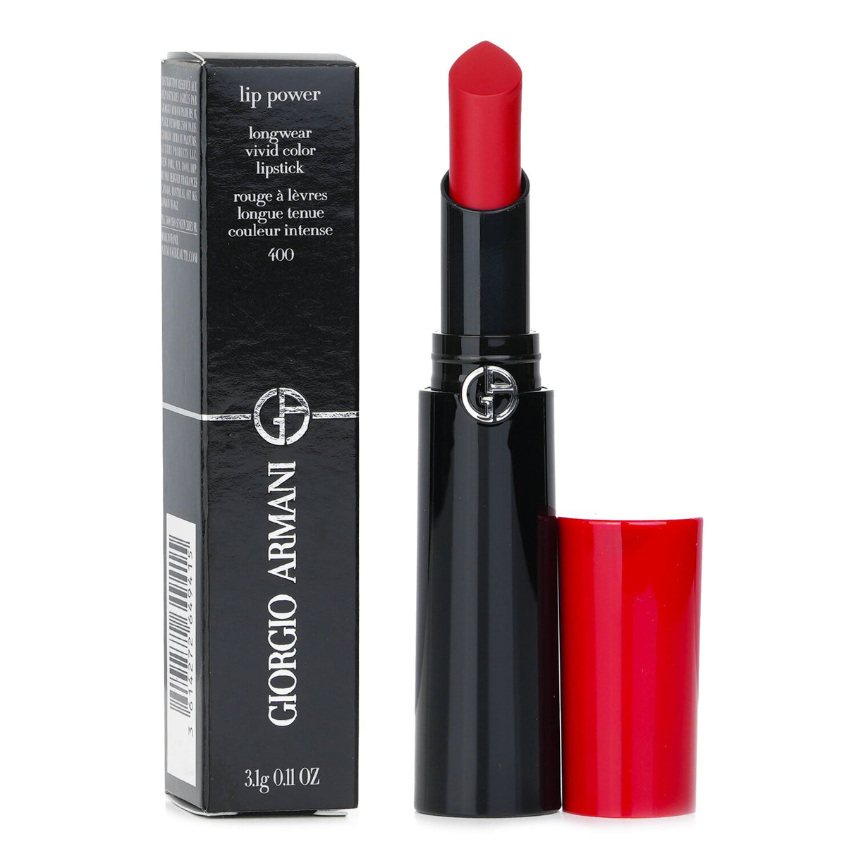 Giorgio Armani Lip Power Lipstick #400: Satin finish, long-lasting vivid color, innovative drop-shaped bullet for precise application.