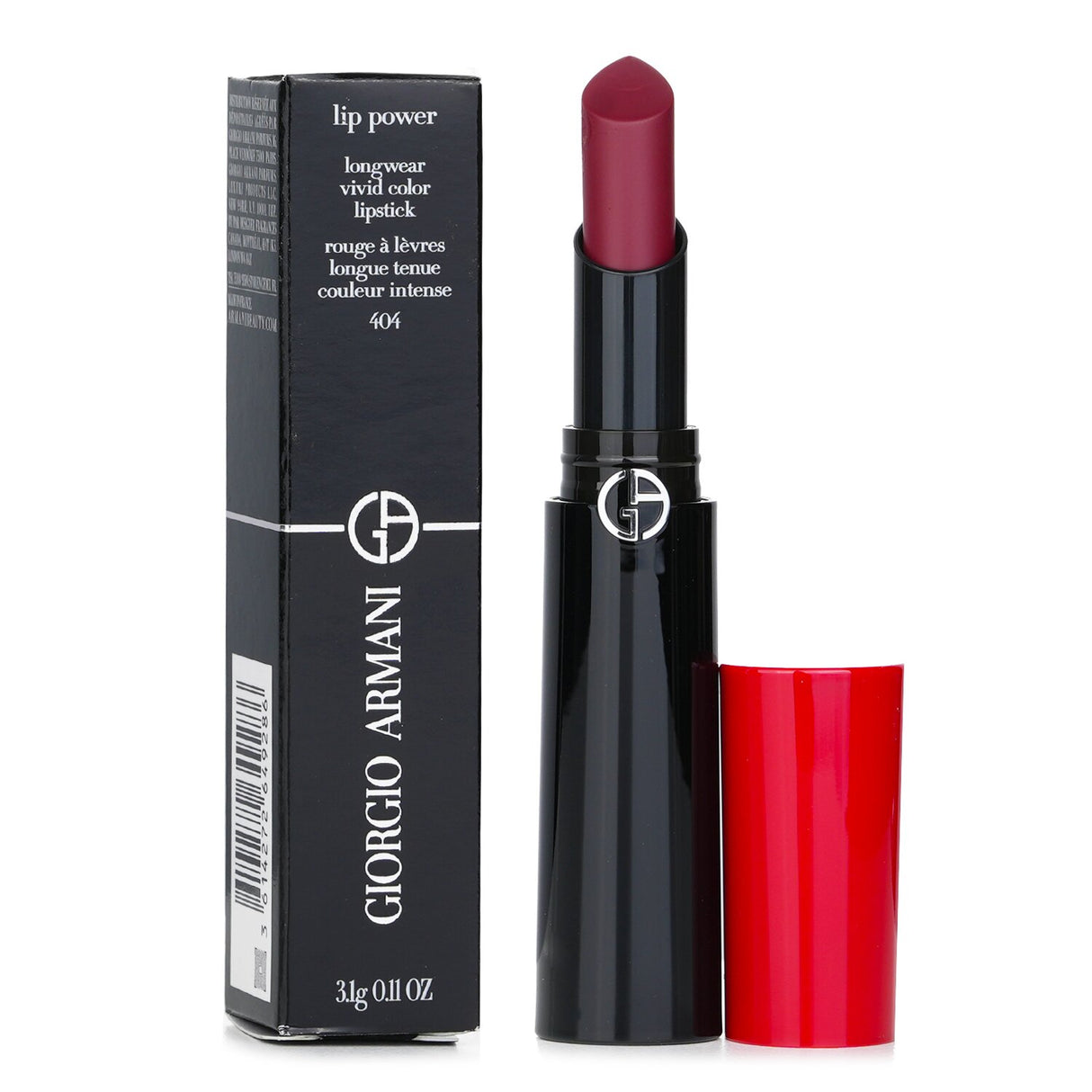 Giorgio Armani #404 Tempting Lip Power lipstick in drop-shaped bullet, offering long-lasting, vibrant satin color.