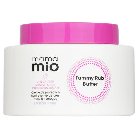 Mama Mio Tummy Rub Butter in Lavender & Mint, a hydrating cream for preventing stretch marks during pregnancy.