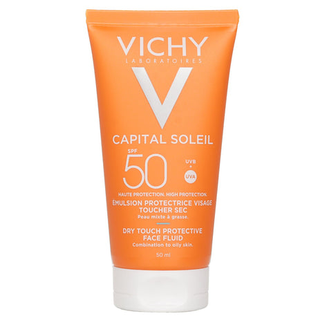 Vichy Capital Soleil SPF 50 Mattifying Face Fluid, water-resistant sunscreen for combination skin with a dry, soft finish.