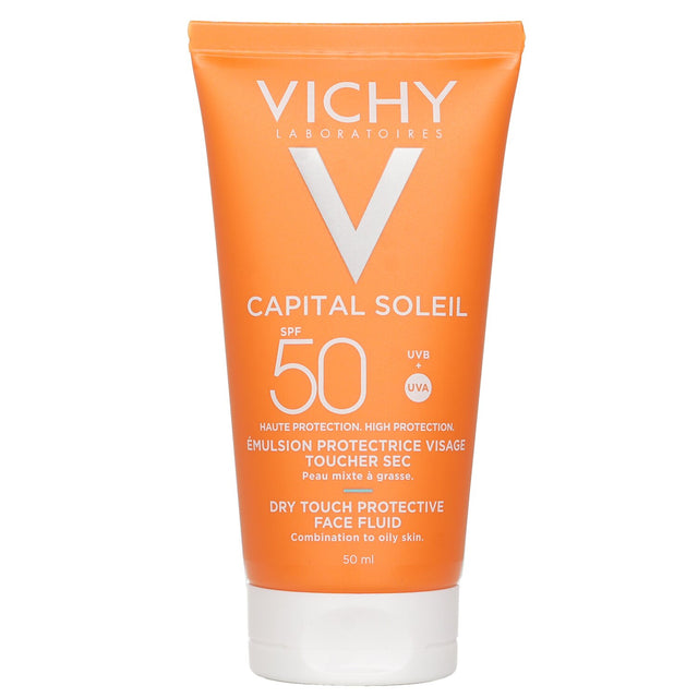 Vichy Capital Soleil SPF 50 Mattifying Face Fluid, water-resistant sunscreen for combination skin with a dry, soft finish.