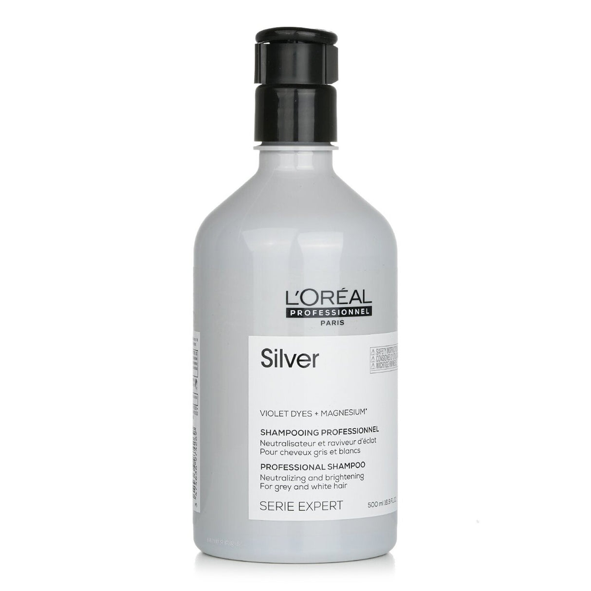 L'Oreal Professionnel Serie Expert Silver Violet Shampoo for neutralizing yellow tones in grey, white, and blonde hair.