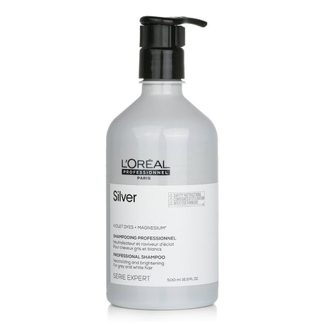 L'Oreal Professionnel Silver Violet Shampoo: purple formula neutralizing yellow tones for radiant grey, white, and blonde hair.