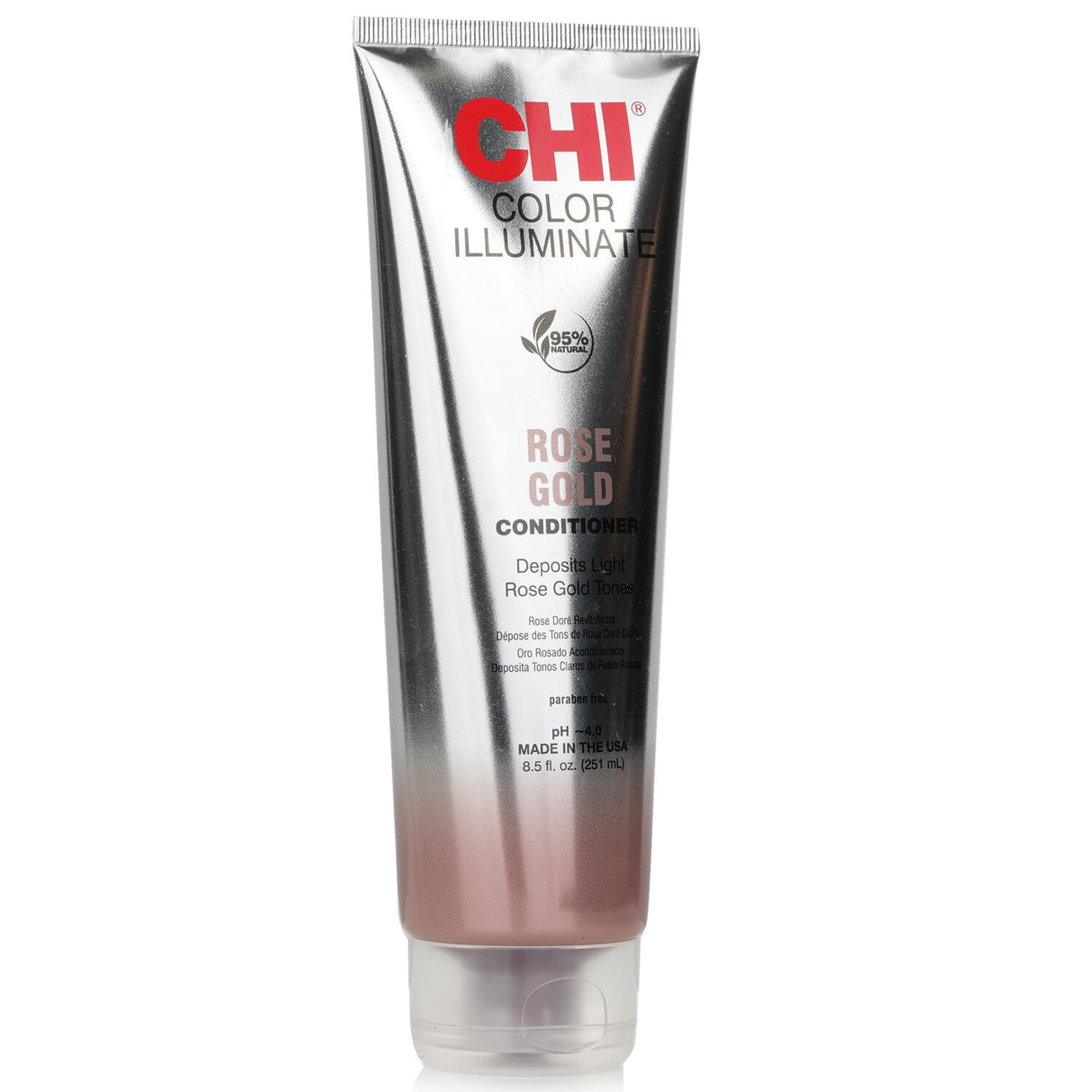 CHI Ionic Color Illuminate Conditioner in Rose Gold, 251ml, nourishes color-treated hair for vibrant, salon-fresh results.