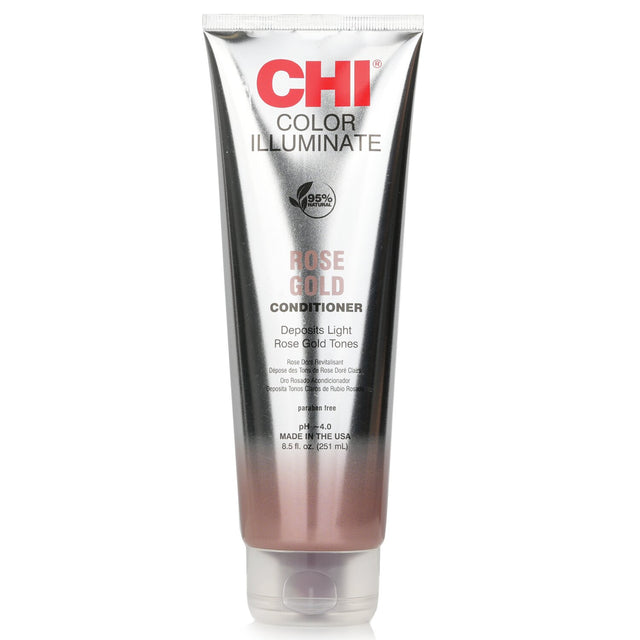 CHI Ionic Color Illuminate Conditioner in #Rose Gold, 251ml, nourishes and preserves vibrant hair color with 95% natural ingredients.