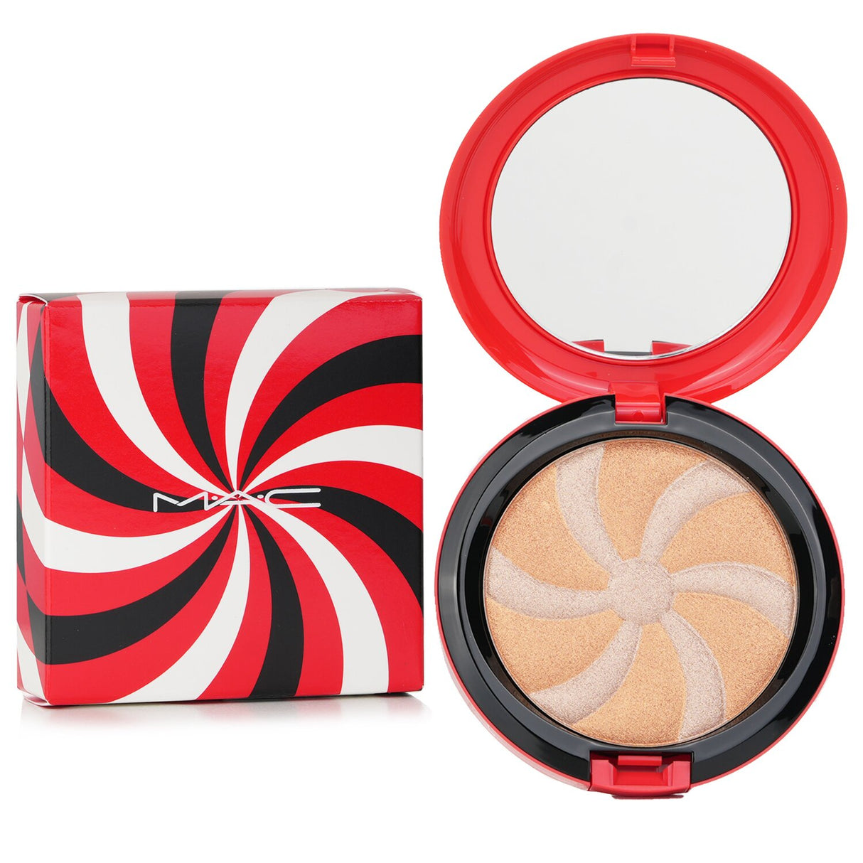 Highlighter duo with embossed spiral design, two radiant hues, and cream-like powder for a flawless holiday glow.