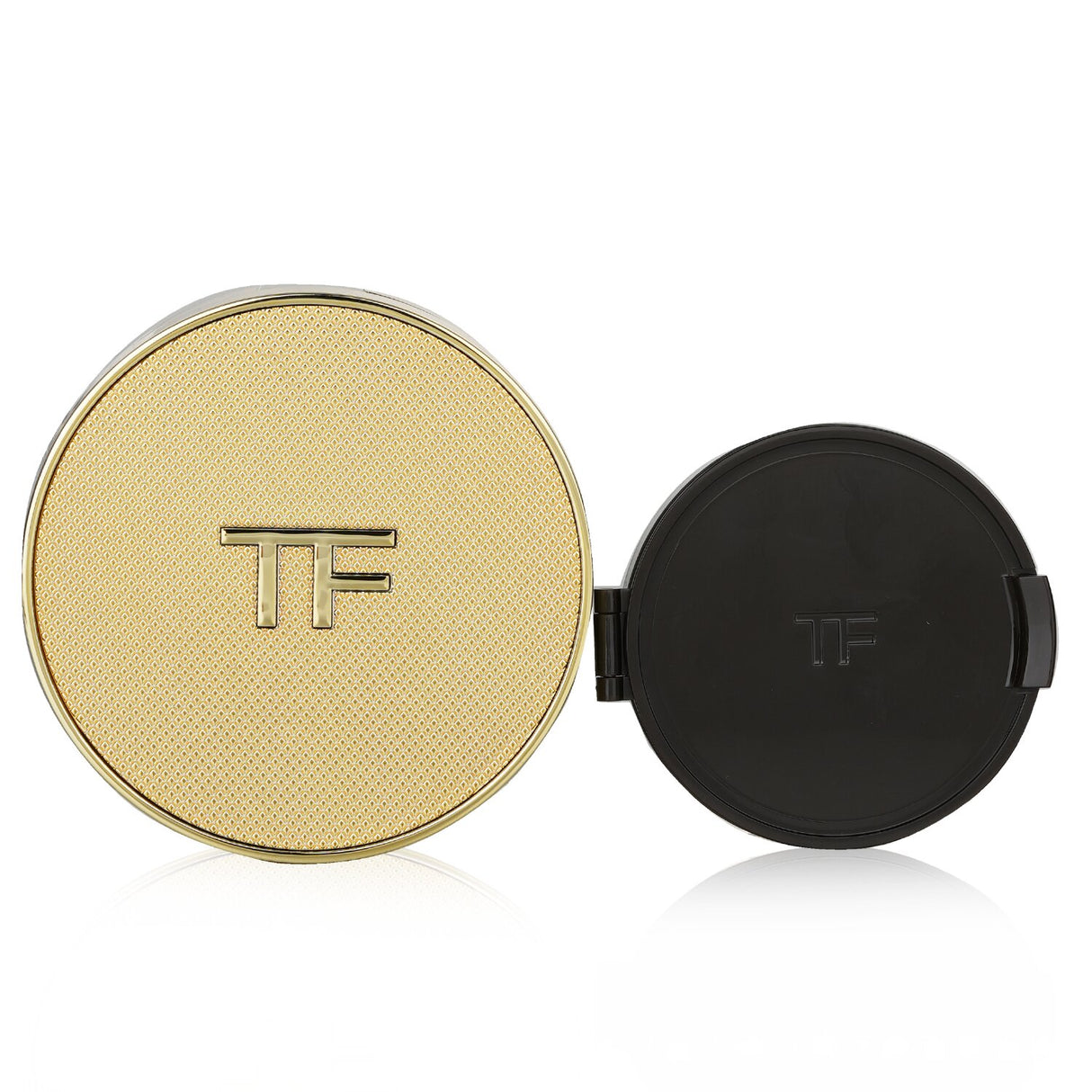 Tom Ford cushion foundation compact, SPF 45, offers radiant coverage with moisturizing ingredients in sleek golden packaging.