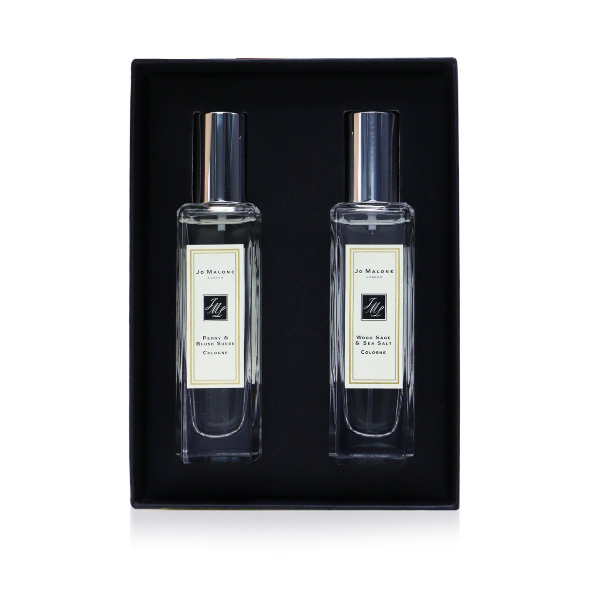 Luxurious Jo Malone cologne duo set featuring Peony & Blush Suede and Wood Sage & Sea Salt, perfect for personal use or gifting.