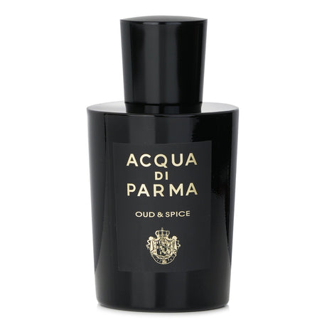 "Acqua Di Parma Oud & Spice Eau De Parfum 100ml: a luxurious woody spicy fragrance with raspberry, rose, and oud notes."