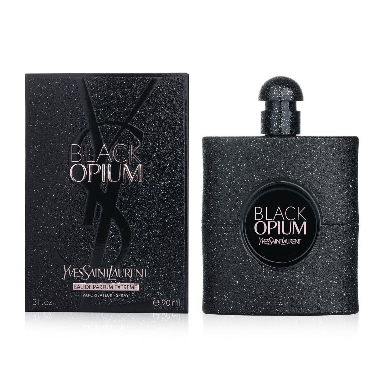 Yves Saint Laurent Black Opium Extreme 90ml perfume in a sparkling black bottle; bold coffee, cacao, and warm vanilla notes.