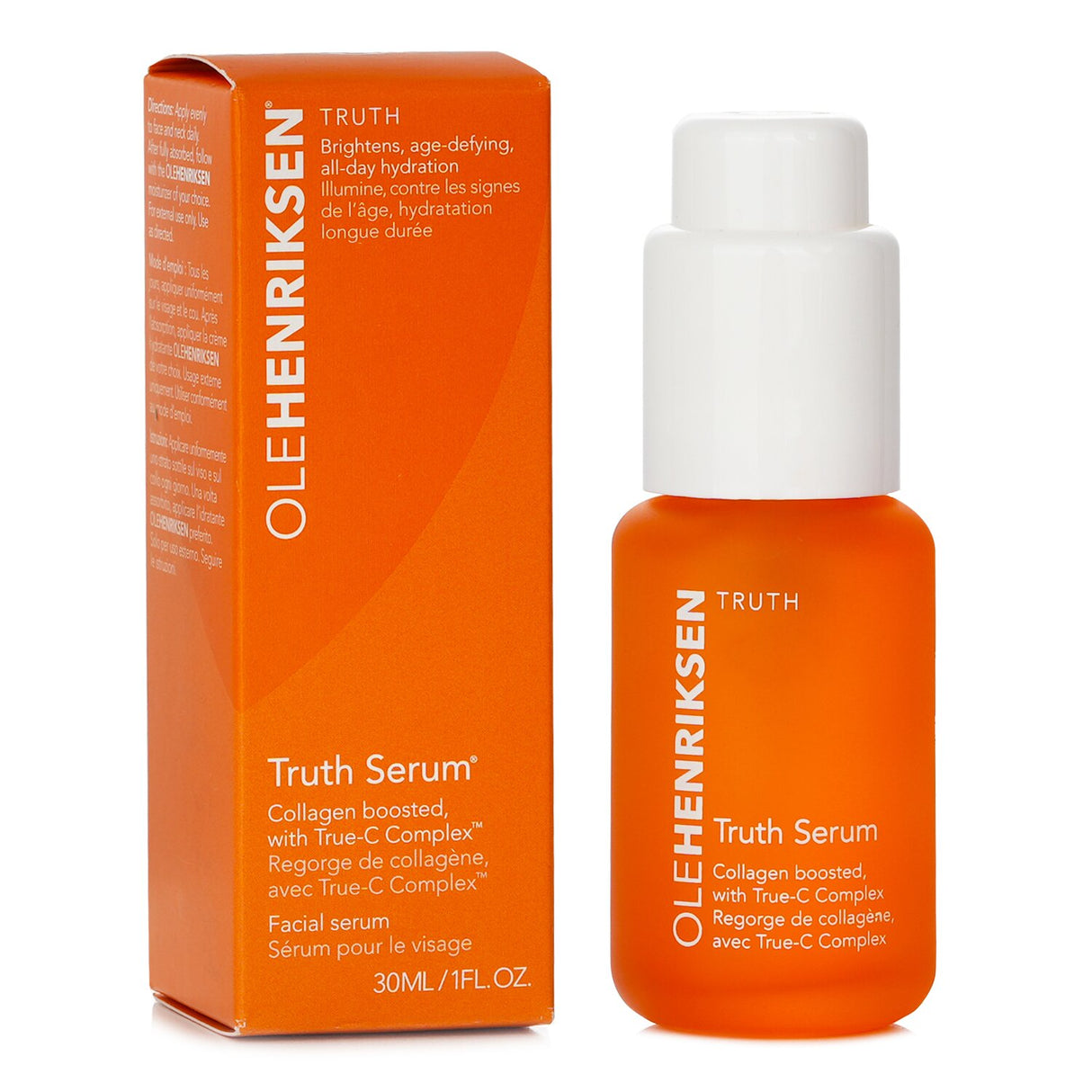 Ole Henriksen Truth Serum in a 30ml bottle, a brightening, age-defying vegan facial serum with collagen and citrus aroma.