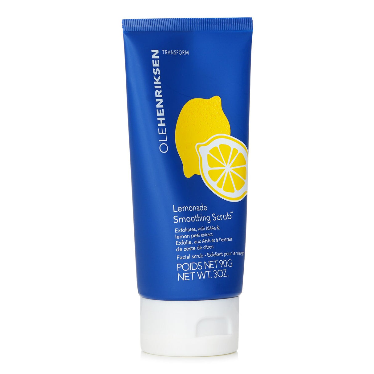 Ole Henriksen Transform Lemonade Smoothing Scrub in a 90ml tube, featuring dual-action exfoliation with AHA and sugar.