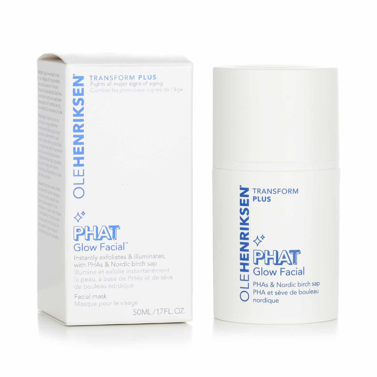 Ole Henriksen Transform Plus PHAT Glow Facial in 50ml, a vegan exfoliator with PHAs, clay, and birch sap for radiant skin.