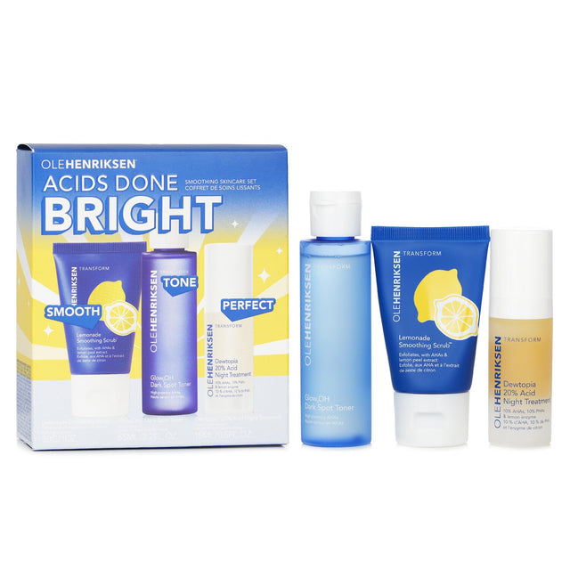 Ole Henriksen Acids Done Bright Set with scrub, toner, and night treatment for refined, glowing skin.