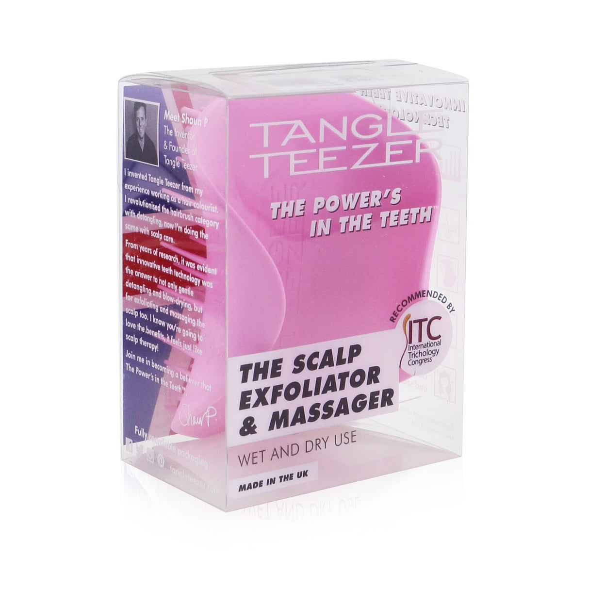 Pretty pink Tangle Teezer scalp exfoliator brush designed for detoxifying scalp and promoting healthy hair growth.