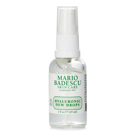Oil-free Hyaluronic Dew Drops serum by Mario Badescu, offering intense hydration and a radiant, glass-like glow for all skin types.
