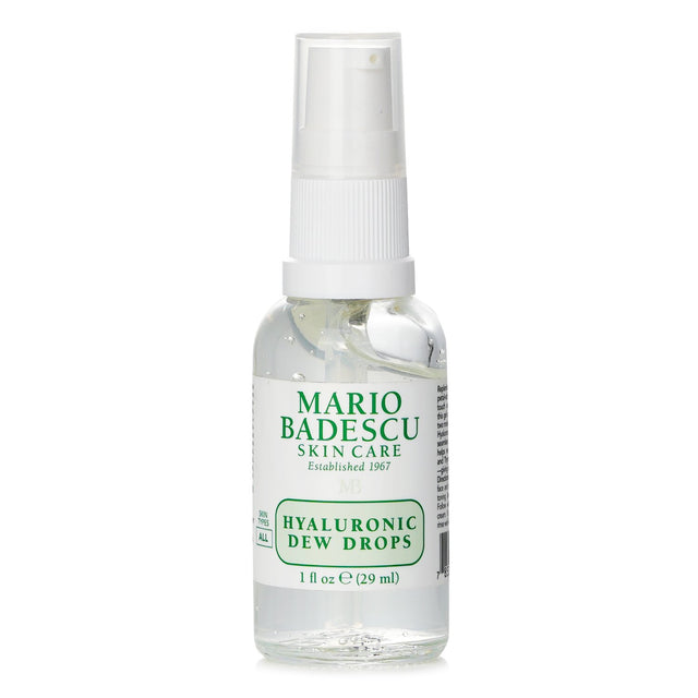 Oil-free Hyaluronic Dew Drops serum by Mario Badescu, offering intense hydration and a radiant, glass-like glow for all skin types.