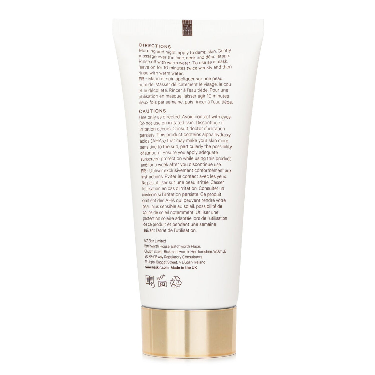 MZ Skin Cleanse & Clarify AHA Cleanser & Mask, a vegan formula for deep cleansing and gentle exfoliation, 100ml size.