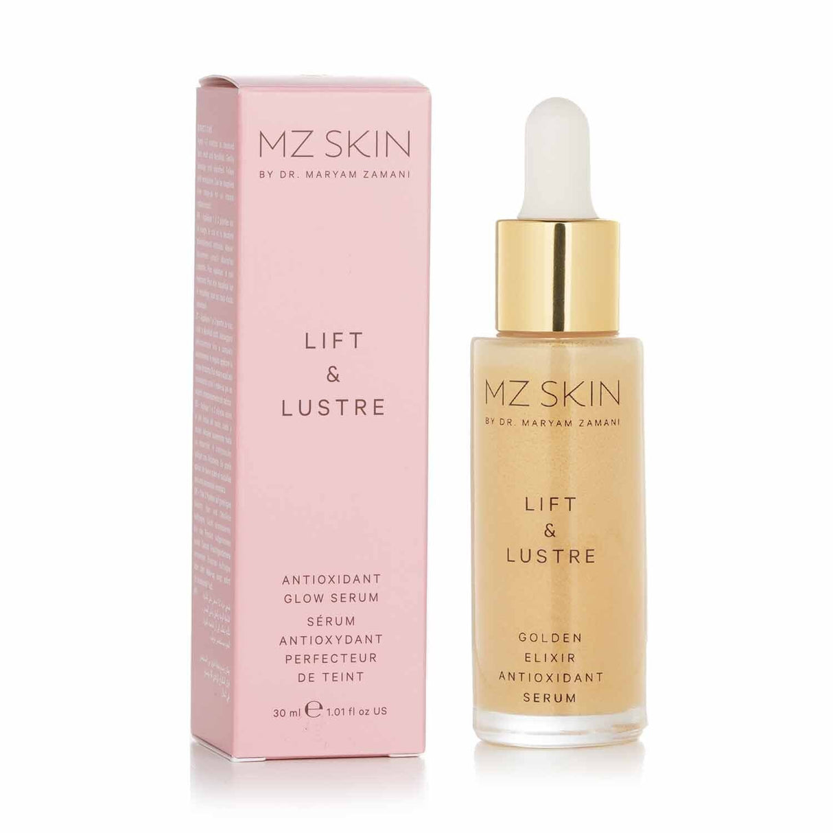 MZ Skin Lift & Lustre Serum in a sleek bottle, designed to hydrate and enhance your natural glow with plant stem cells.