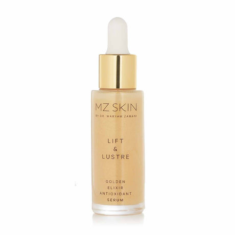 MZ Skin Lift & Lustre Serum in a 30ml bottle, featuring vegan antioxidants and deep hydration for a radiant, glowing complexion.