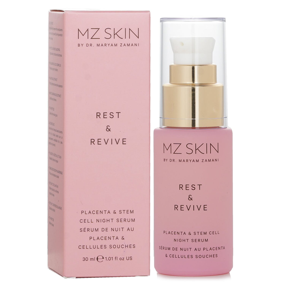 MZ Skin Rest & Revive Night Serum combines placenta, stem cells, and peptides for youthful, revitalized skin overnight.