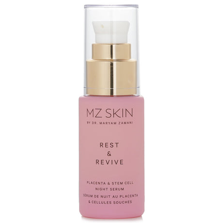 MZ Skin night serum in a sleek 30ml bottle, featuring placenta, stem cells, and peptides for rejuvenating skin overnight.