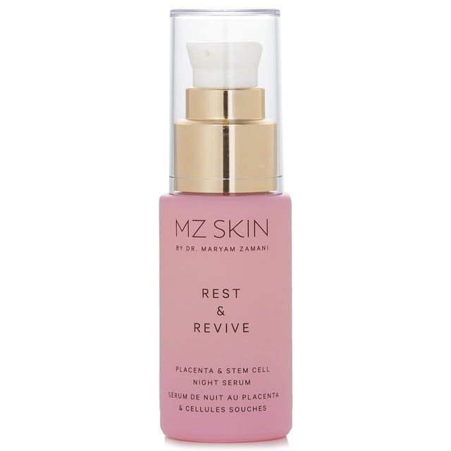 MZ Skin night serum in a sleek 30ml bottle, featuring placenta, stem cells, and peptides for rejuvenating skin overnight.