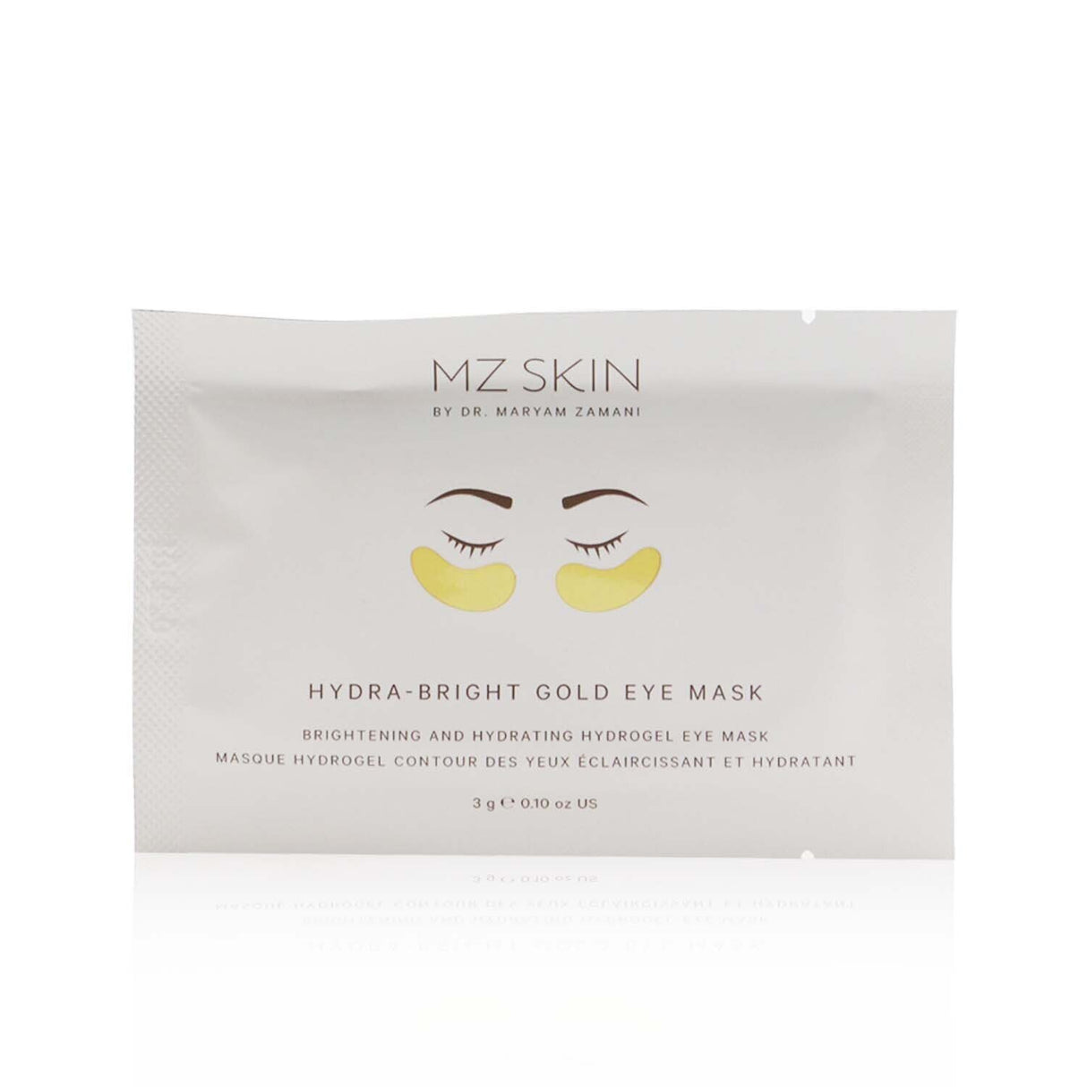 Hydra-Bright Gold Eye Mask pack featuring Nano Gold particles for radiance and deep hydration to revitalize tired eyes.