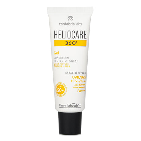 Lightweight Heliocare 360 Gel SPF50 with Fernblock®, vitamins, and green tea for high sun protection and skin nourishment.