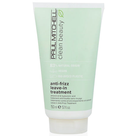 Paul Mitchell Clean Beauty Anti-Frizz Leave-In Treatment bottle, showcasing organic ingredients, for managing frizz and smoothing hair.