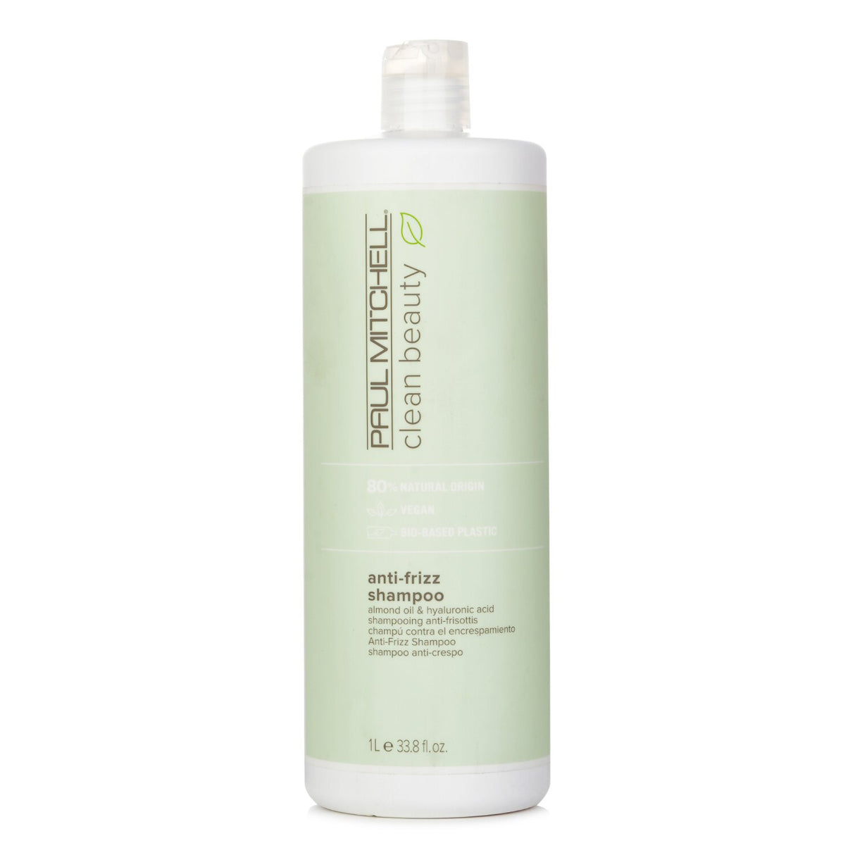 Paul Mitchell Clean Beauty Anti-Frizz Shampoo in 1000ml, sulfate-free, vegan formula for smoothing frizz-prone hair.