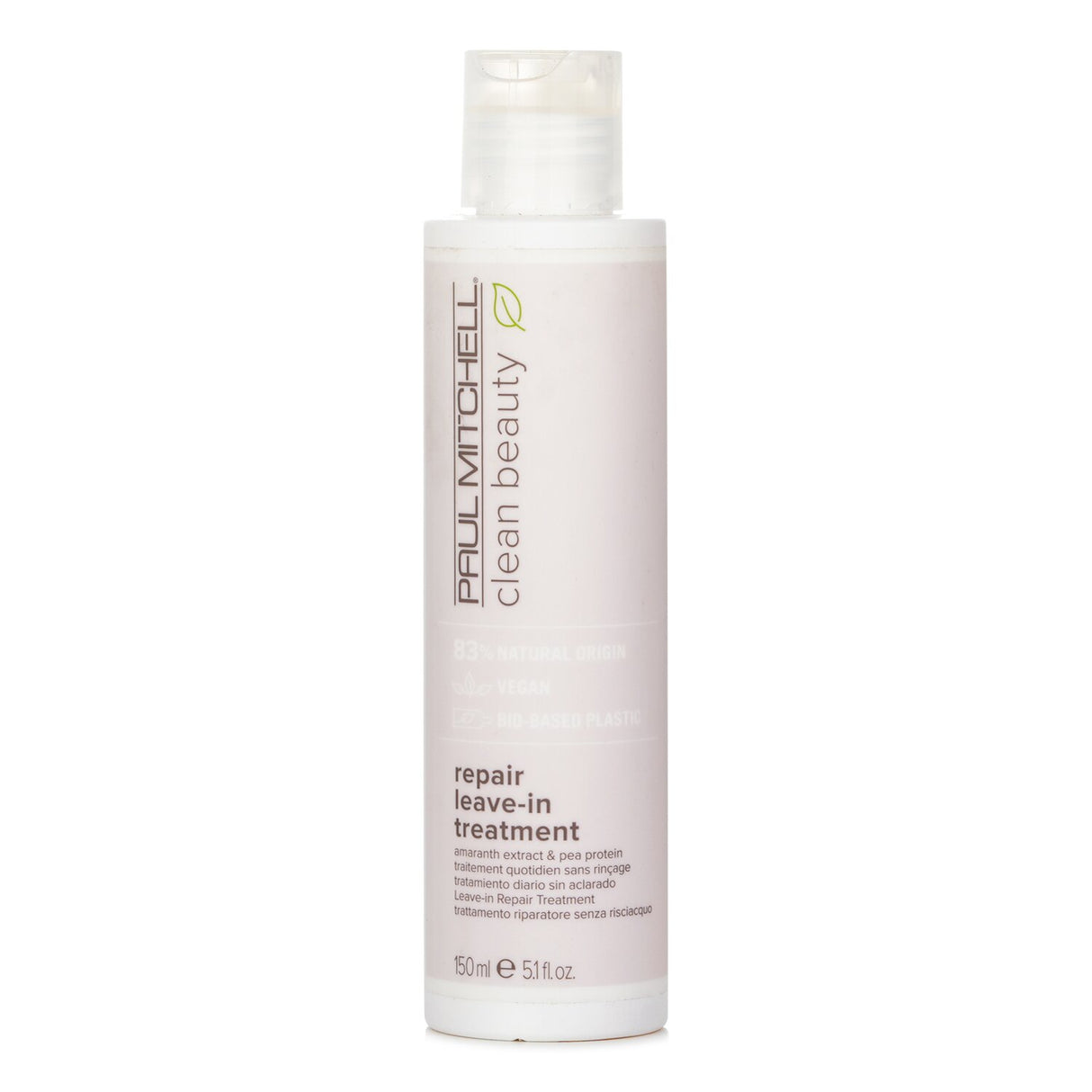 Award-winning Paul Mitchell Clean Beauty Repair Leave-In Treatment for damaged hair, featuring vegan ingredients and a floral musk scent.