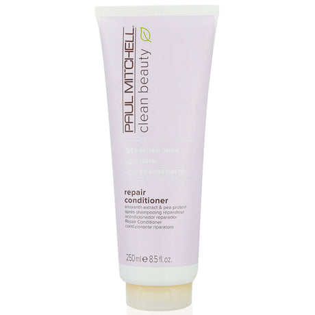 Paul Mitchell Clean Beauty Repair Conditioner, 250ml, revitalizes damaged hair with vegan ingredients for strong, hydrated locks.