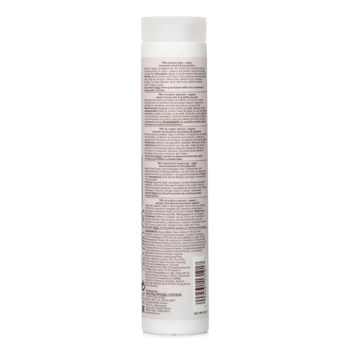 A bottle of Paul Mitchell Clean Beauty Repair Shampoo, promoting strong, healthy hair with a floral musk scent and natural ingredients.