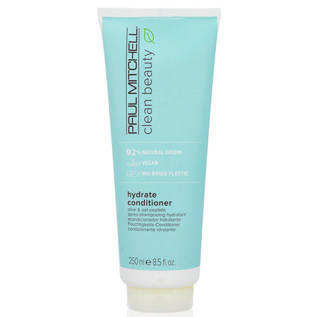 Hydrating Paul Mitchell conditioner for dry hair, enriched with organic olive oil and oat peptides, vegan and sulfate-free.